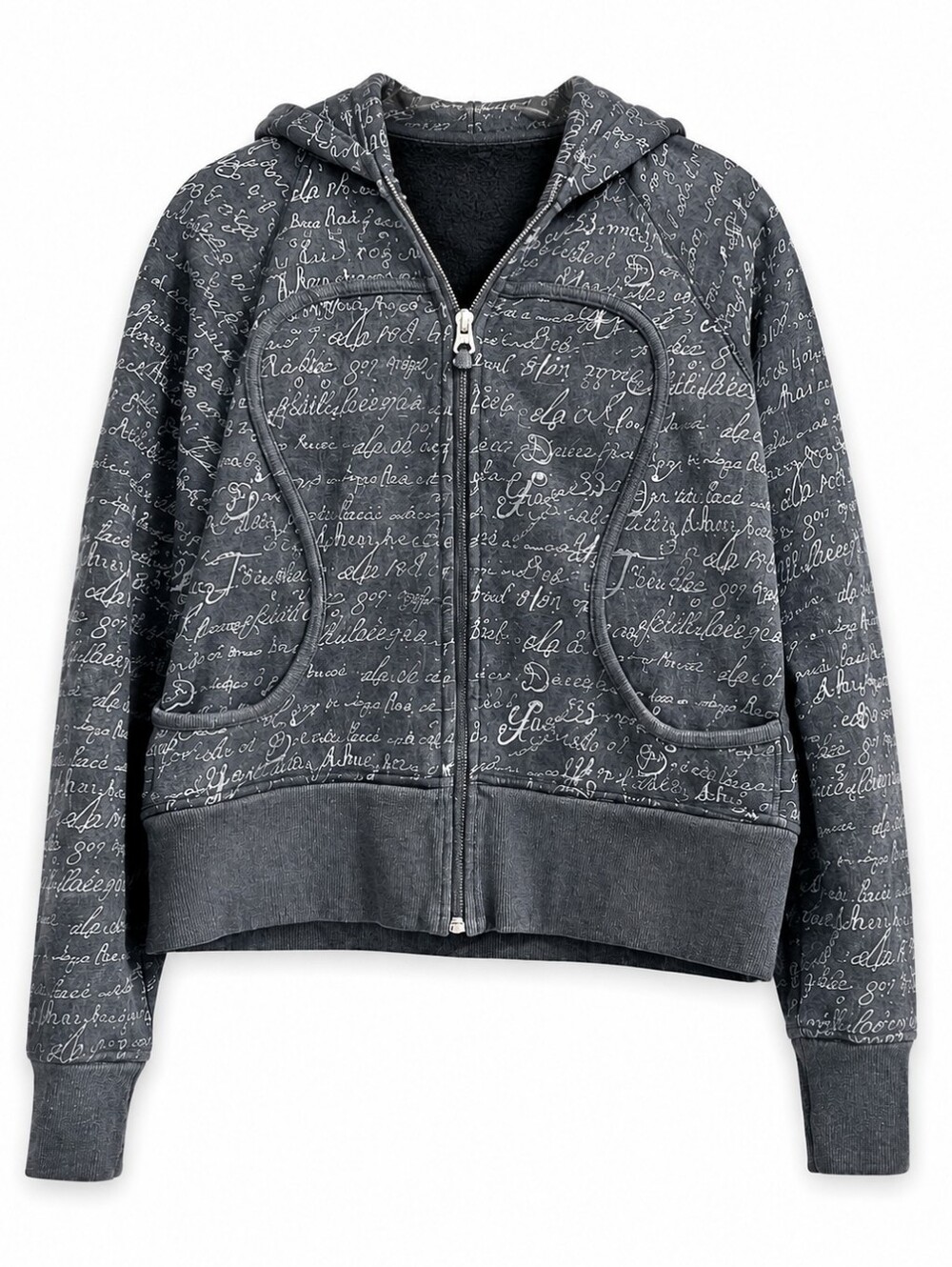 Lululemon Scuba Full Zip Hoodie Women's Size 12 Black Script Print Cotton Blend